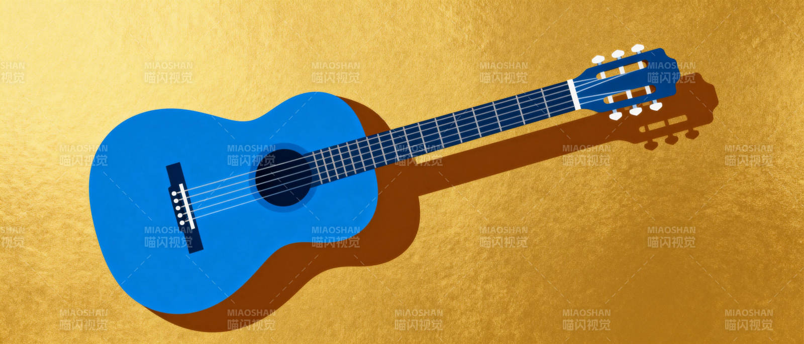 蓝色吉他静置金黄背景图片