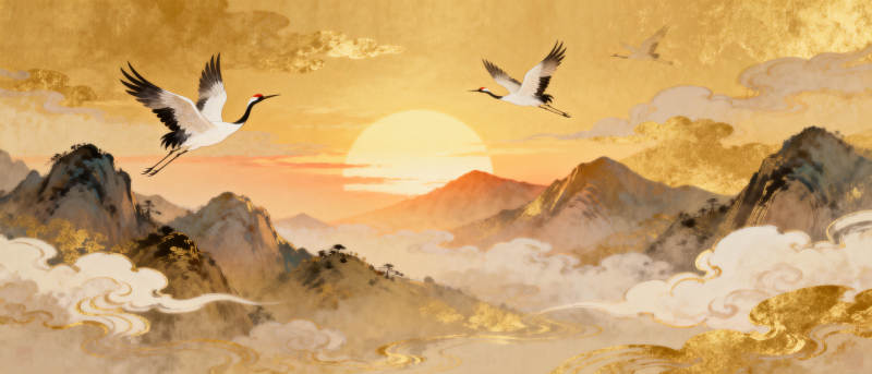 仙鹤凌云日出山图片