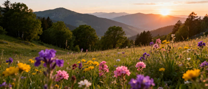 山野花海日落图片