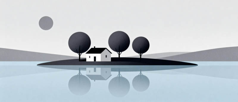 湖心小屋与树影图片