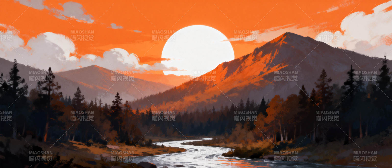 夕阳山河图图片