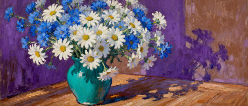 花瓶中的雏菊与蓝花图片