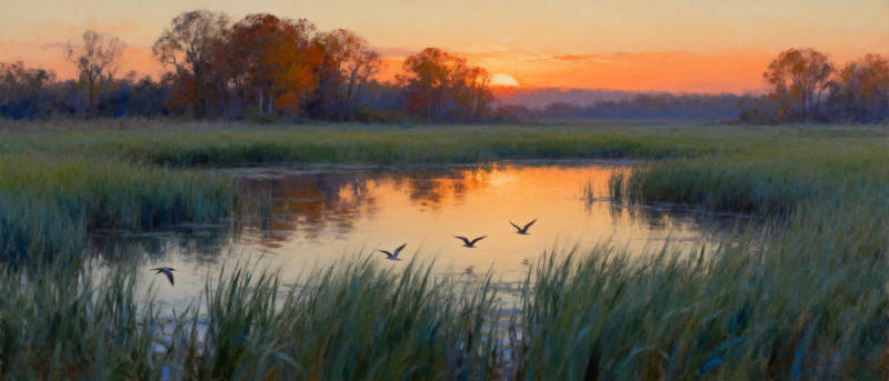 湖畔夕照飞鸟图片