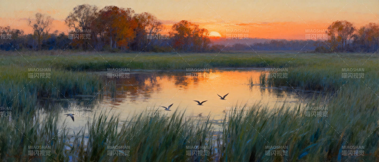湖畔夕照飞鸟图片