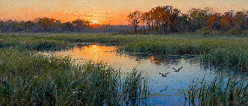 湿地日落飞鸟图片