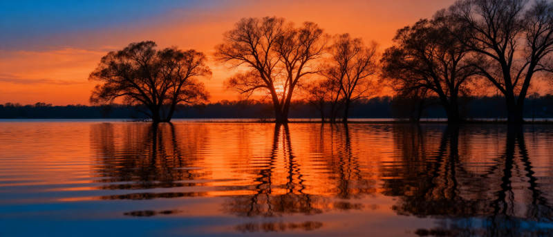湖畔夕照树影图片