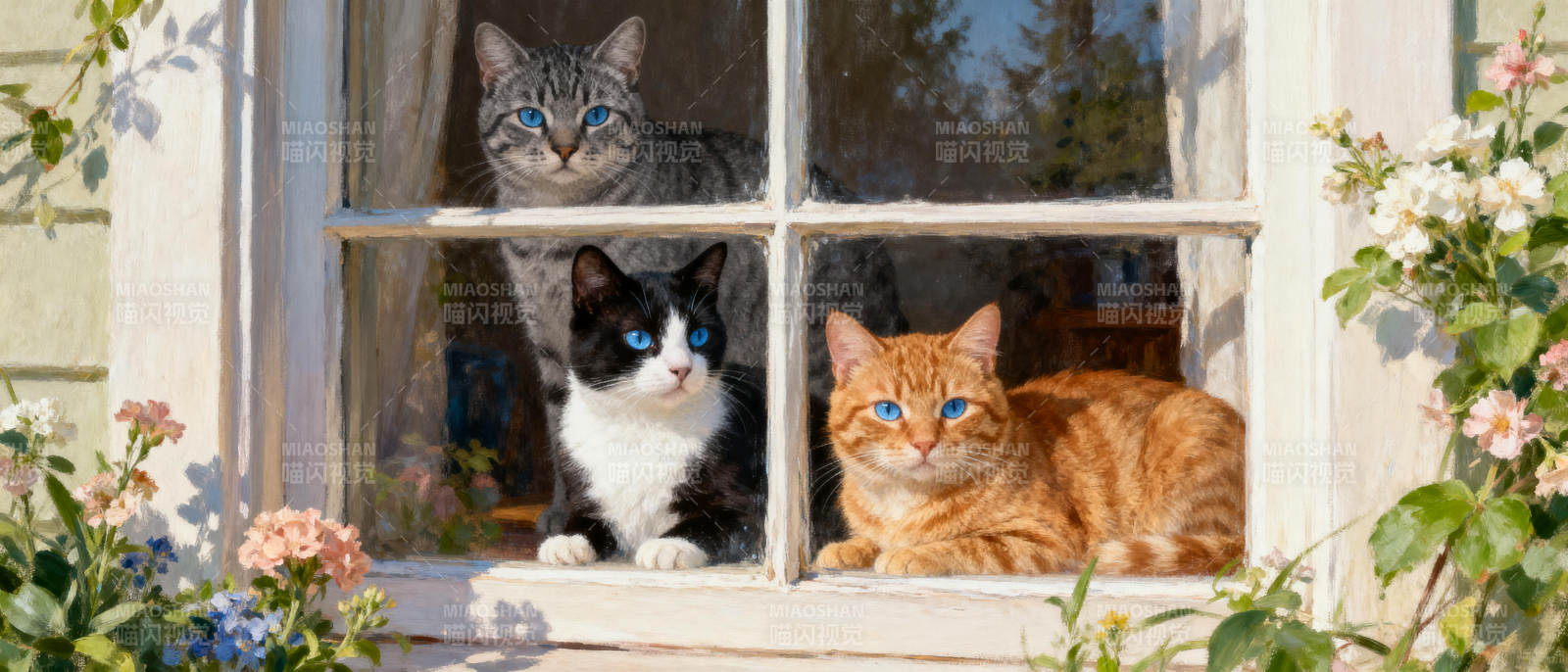三猫窗前望图片
