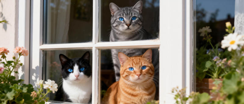 三猫窗前望图片