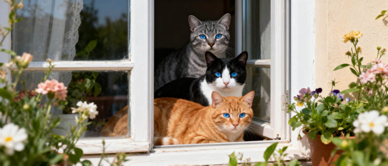 三猫窗边赏花图片
