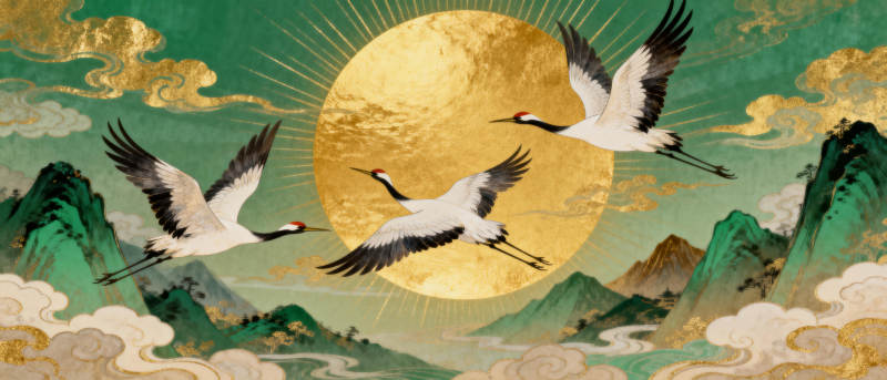 仙鹤凌云日升图图片