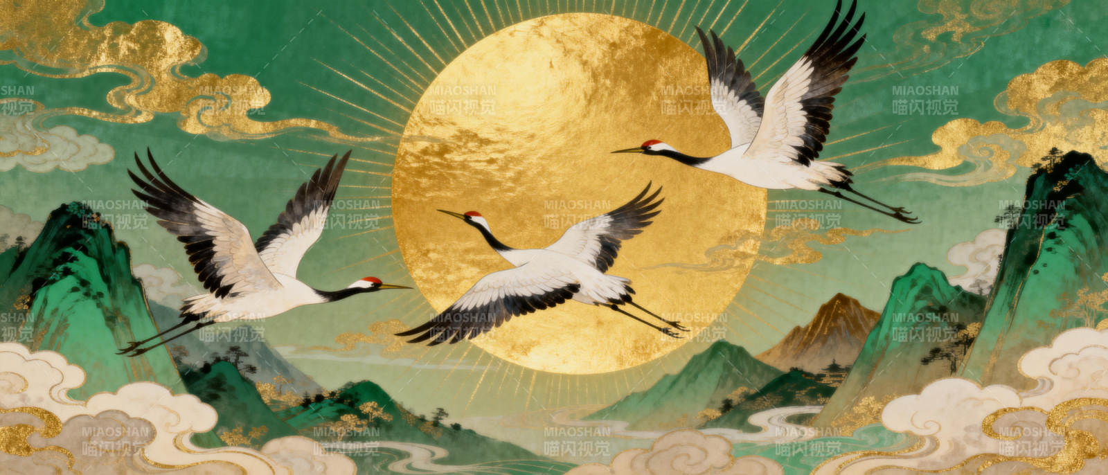 仙鹤凌云日升图图片