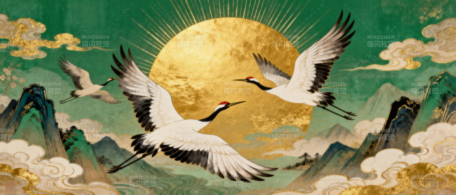 仙鹤翱翔日出图图片