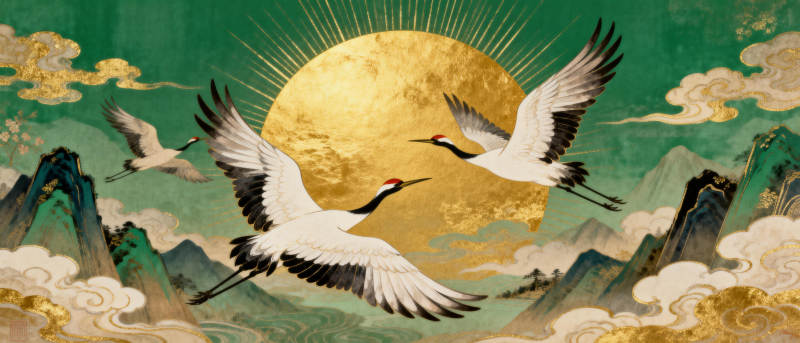 仙鹤翱翔日出图图片