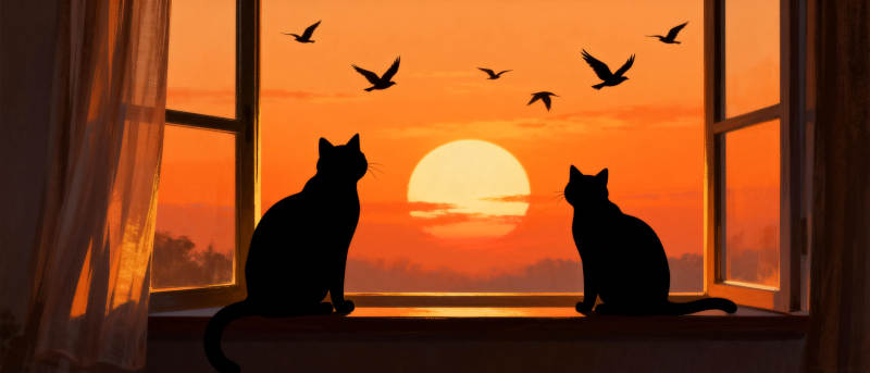双猫望夕阳图片