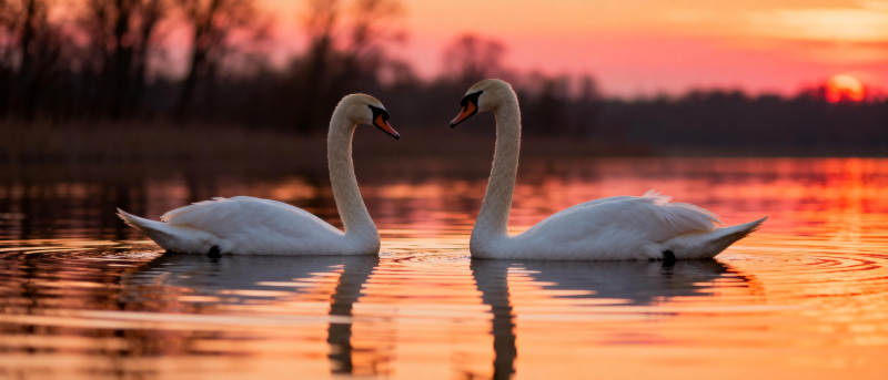 夕阳双天鹅图片