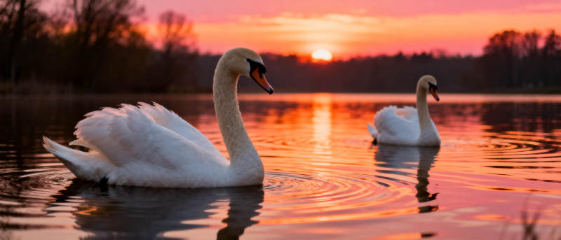 夕阳下的天鹅湖图片