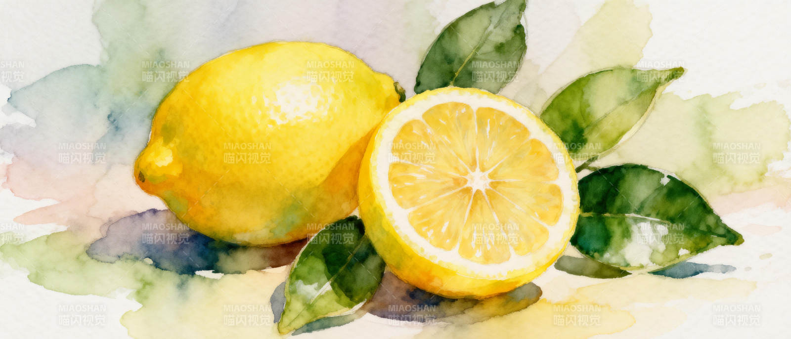 柠檬与绿叶水彩画图片