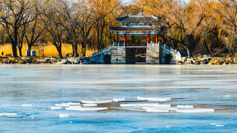 颐和园冬日湖畔亭台图片