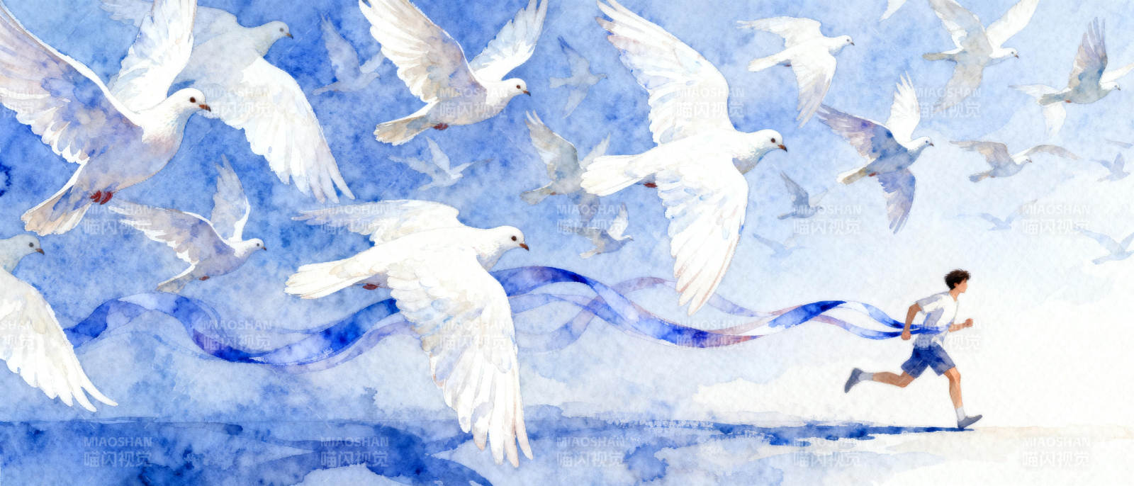 奔跑的少年与白鸽图片