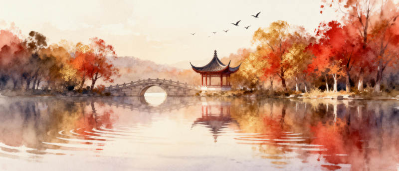 秋水映亭 红叶纷飞图片