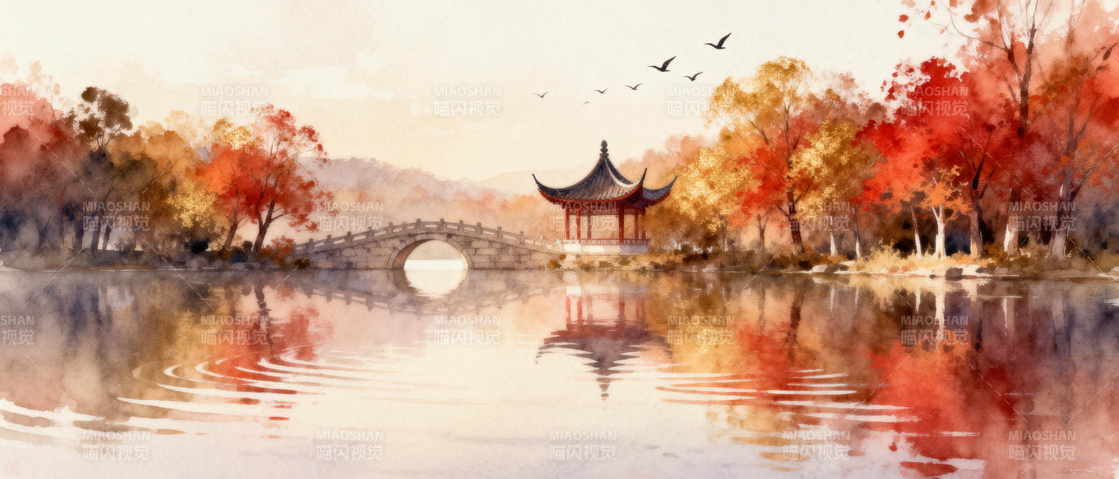 秋水映亭 红叶纷飞图片