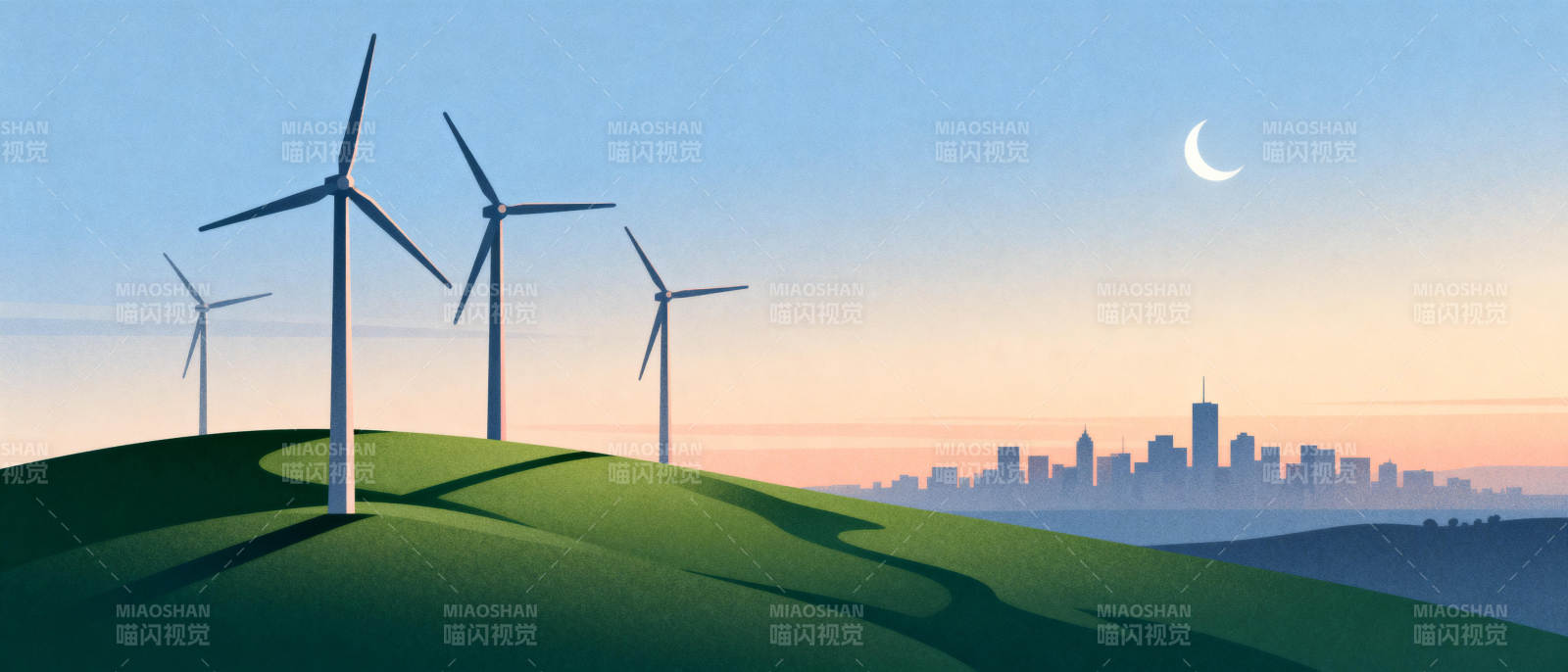 风车与城市夜景图片