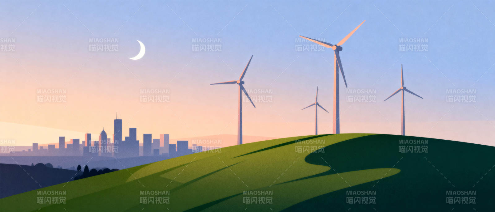 风车与城市夜景图片