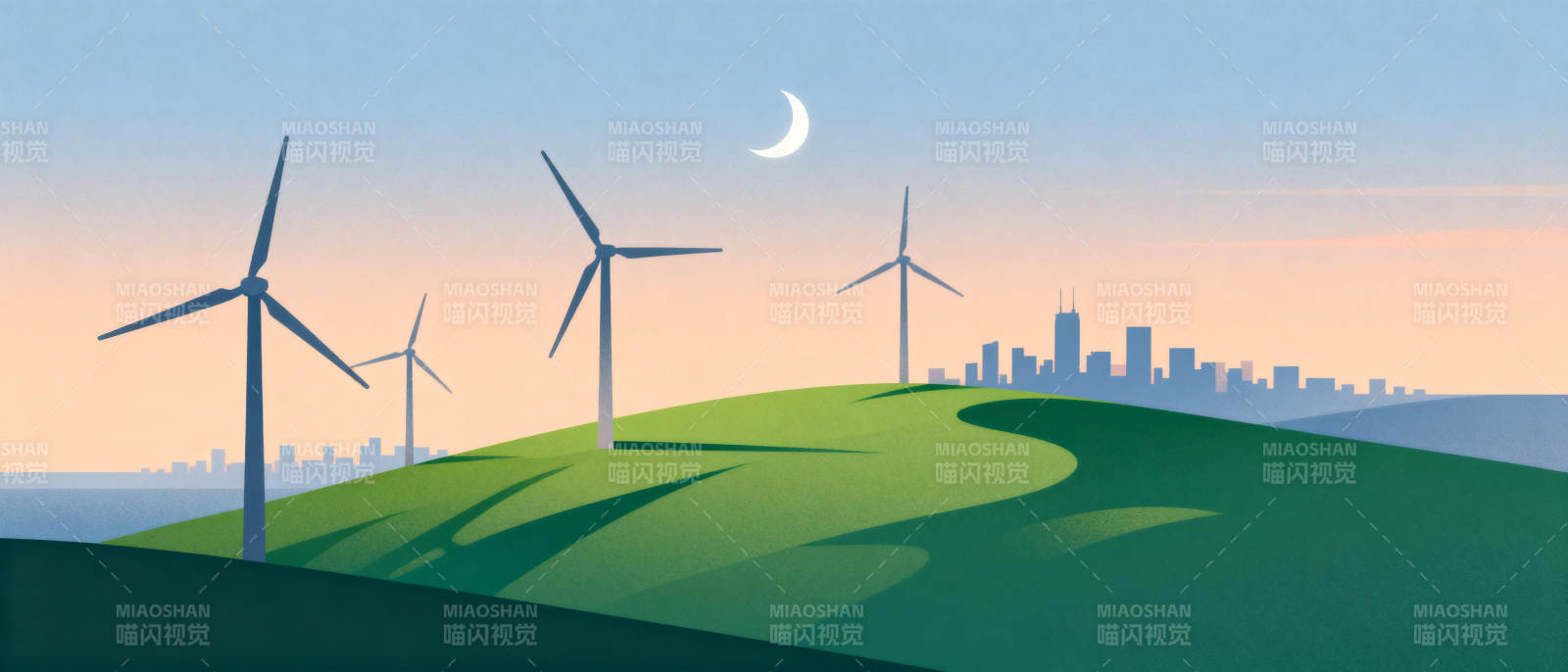 风车与城市夜景图片