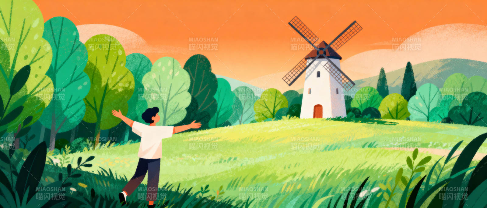 风车下的奔跑图片