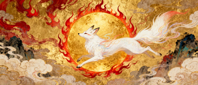 狐跃火日图片