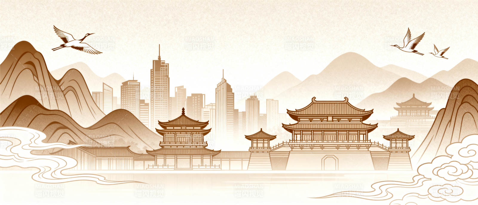 山水城楼图图片