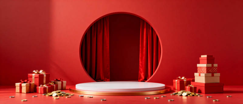 红色舞台礼盒场景图片