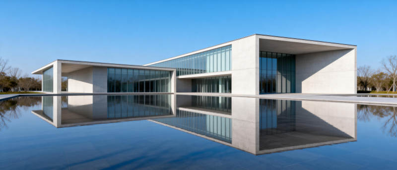 现代建筑倒影湖中图片