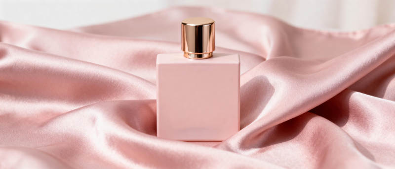 粉色香水瓶静置丝缎上图片