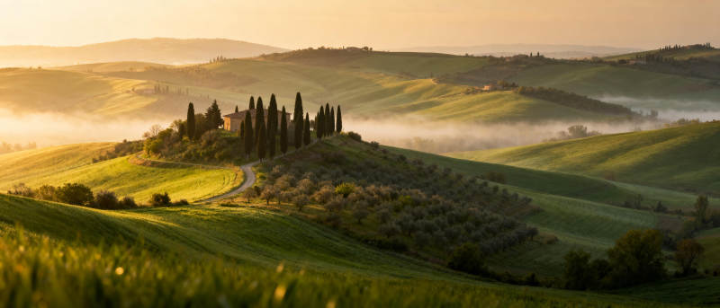 托斯卡纳晨雾田园图片