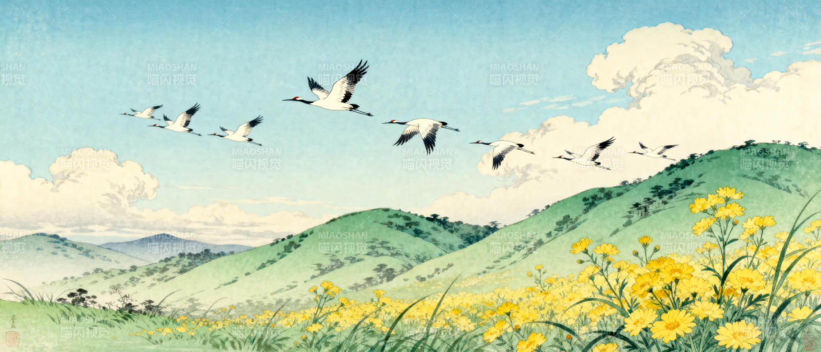 雁阵飞过花野图片