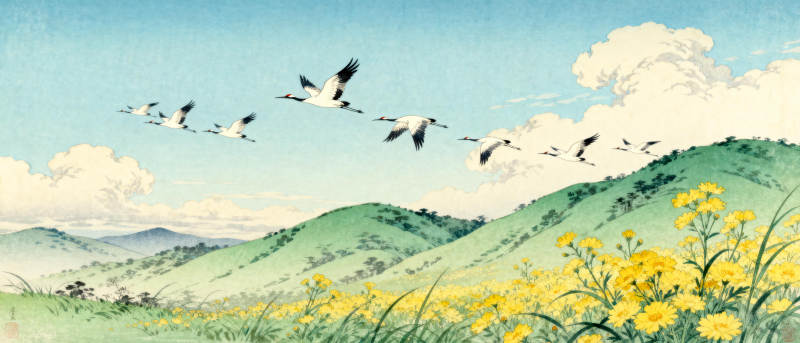 雁阵飞过花野图片