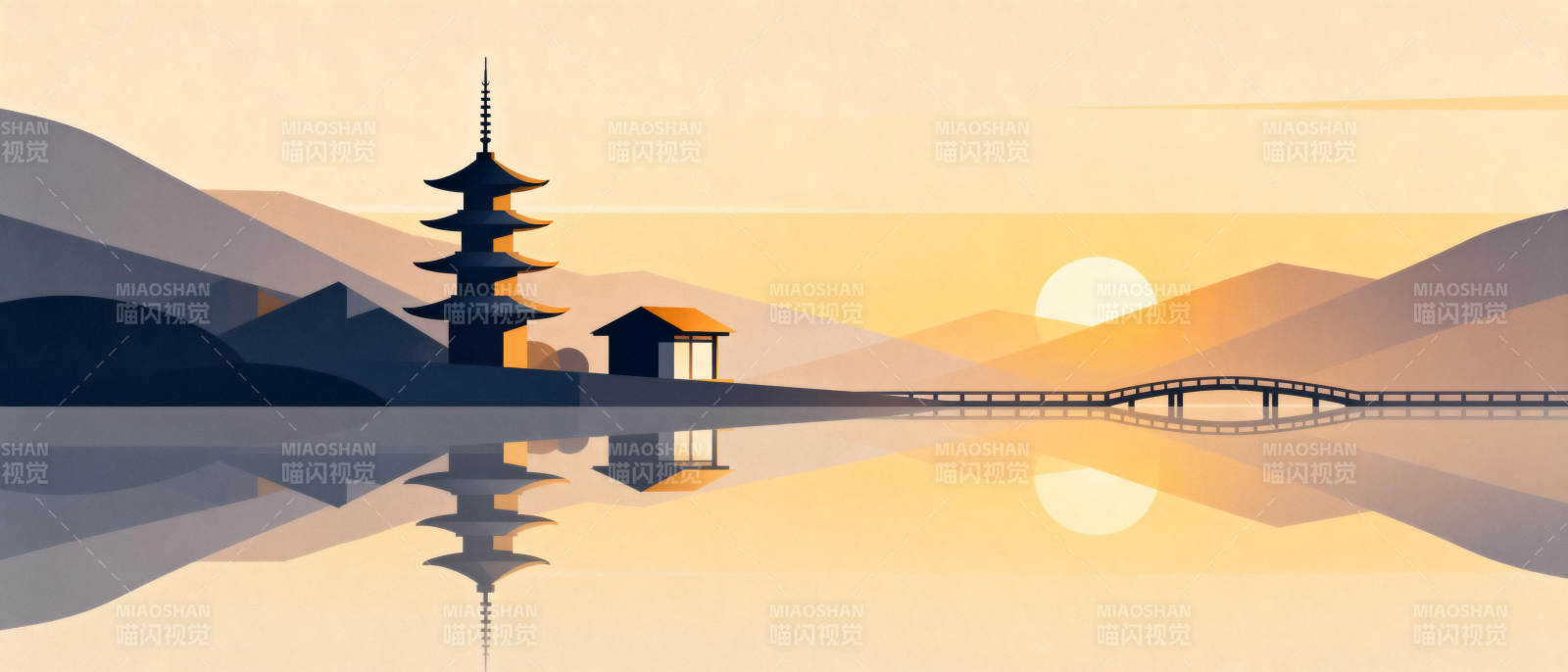 湖畔塔影日出图片