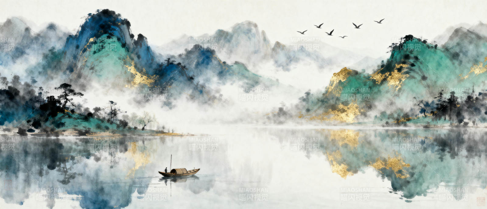 山水如画 舟行雾中图片