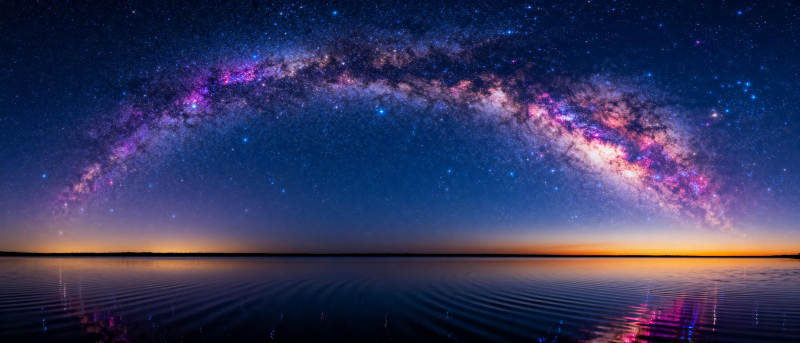 银河映湖夜景图片