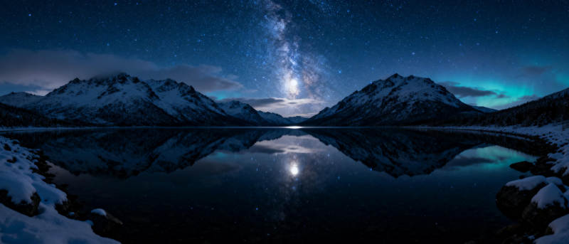 星河映雪山湖图片