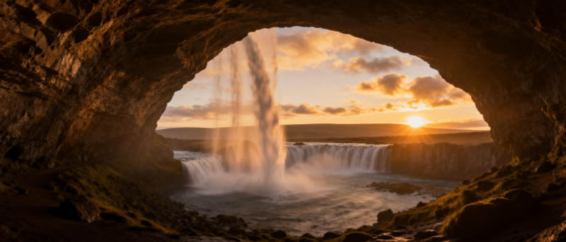 洞中观瀑日落图片