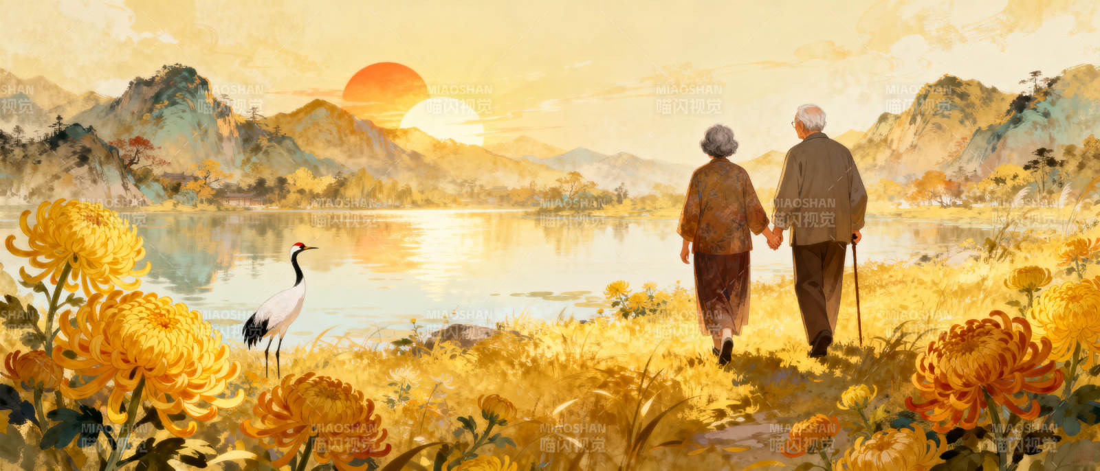 夕阳下的携手同行图片