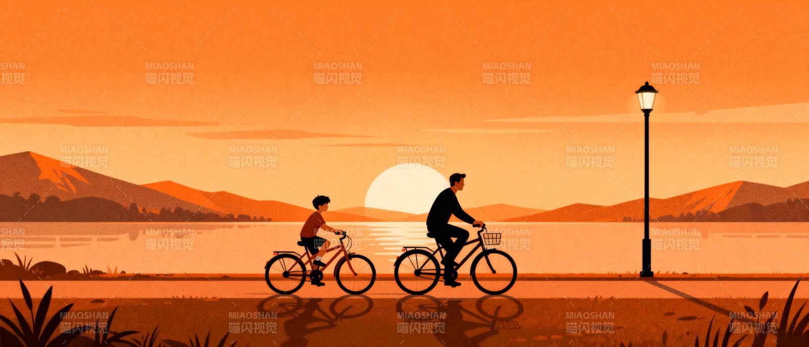 夕阳下骑行图片