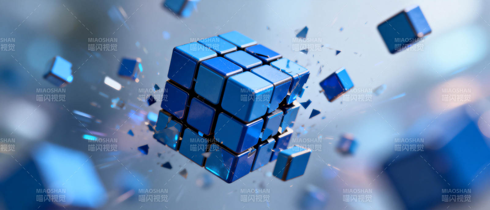 蓝色魔方碎片飞散图片