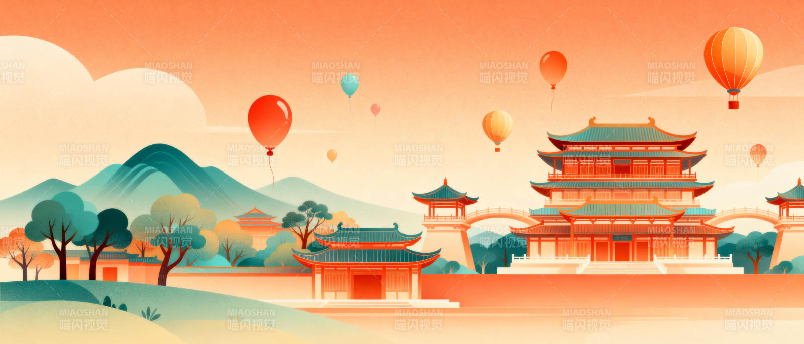 古风建筑与热气球图片