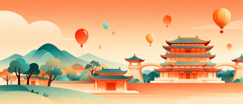 古风建筑与热气球图片