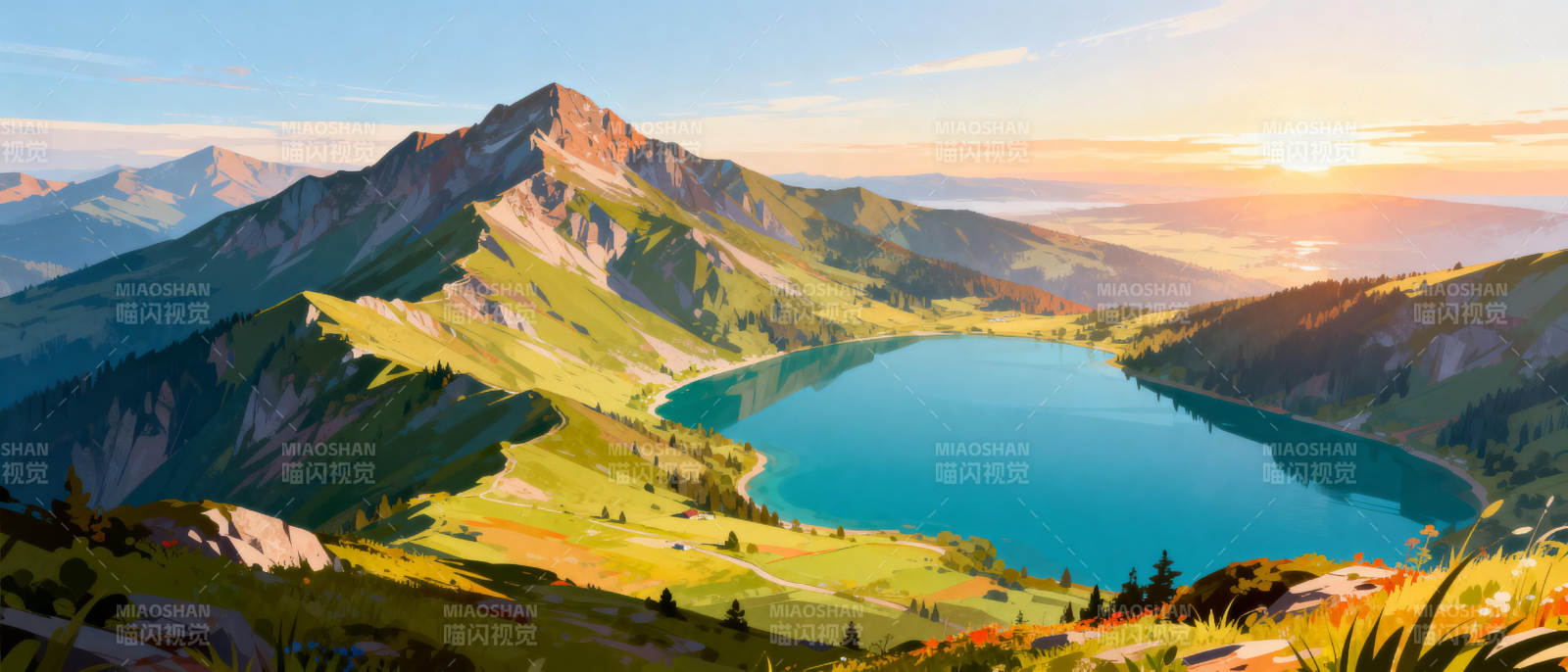 山湖晨曦美景图片