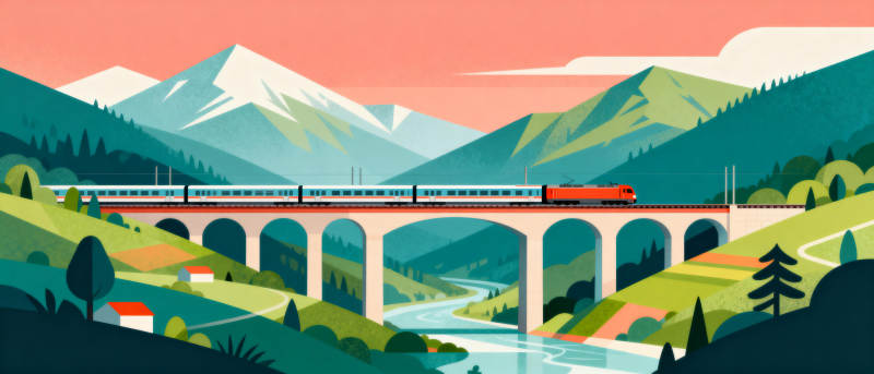 山间列车穿桥过图片