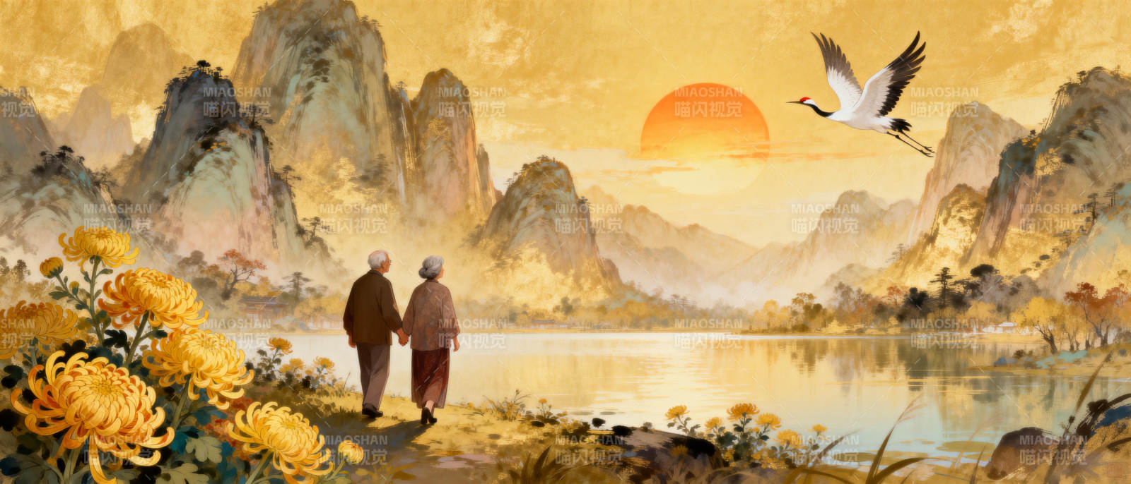 夕阳共赏山水间图片